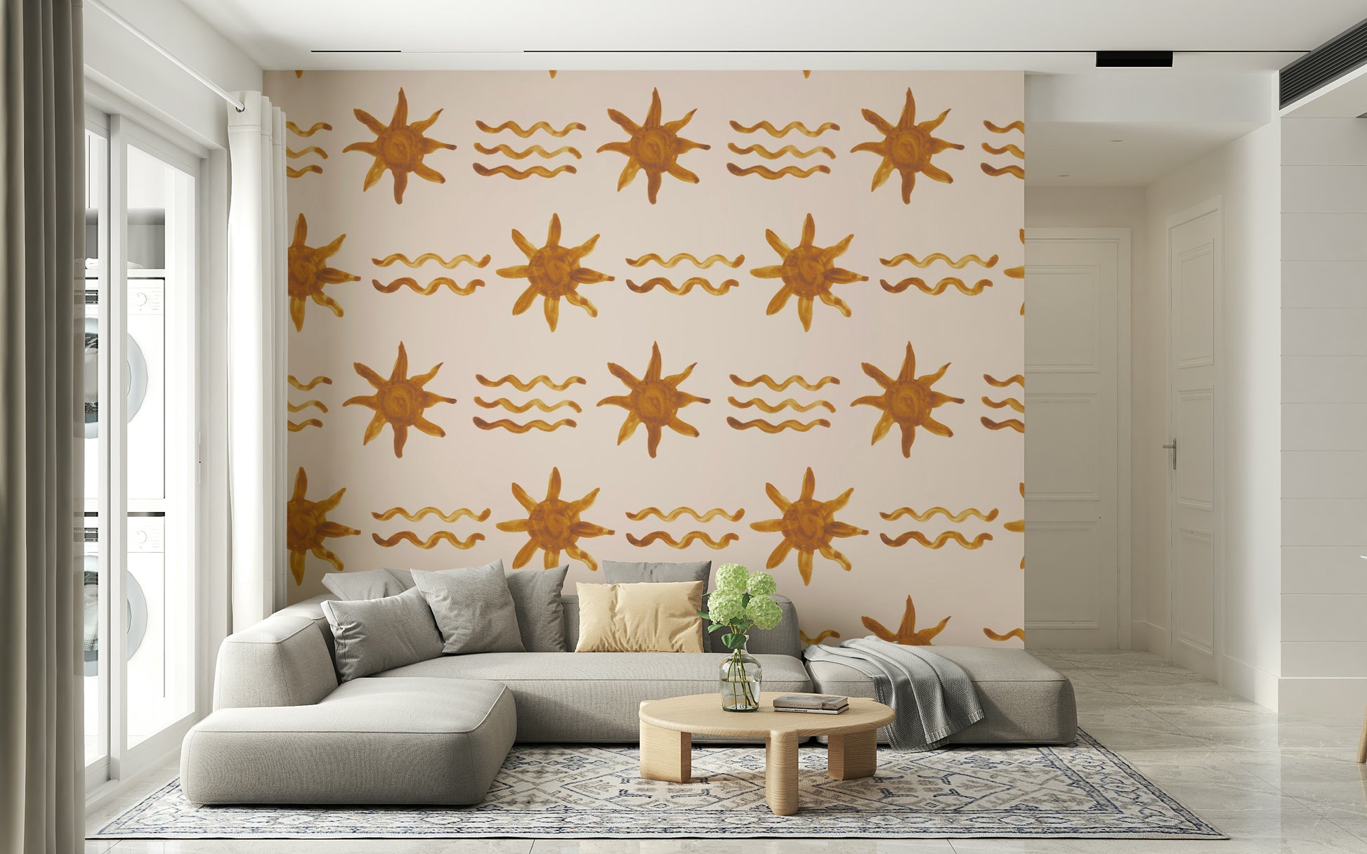 Abstract sun and gold wave design creating a bright, uplifting wall look.