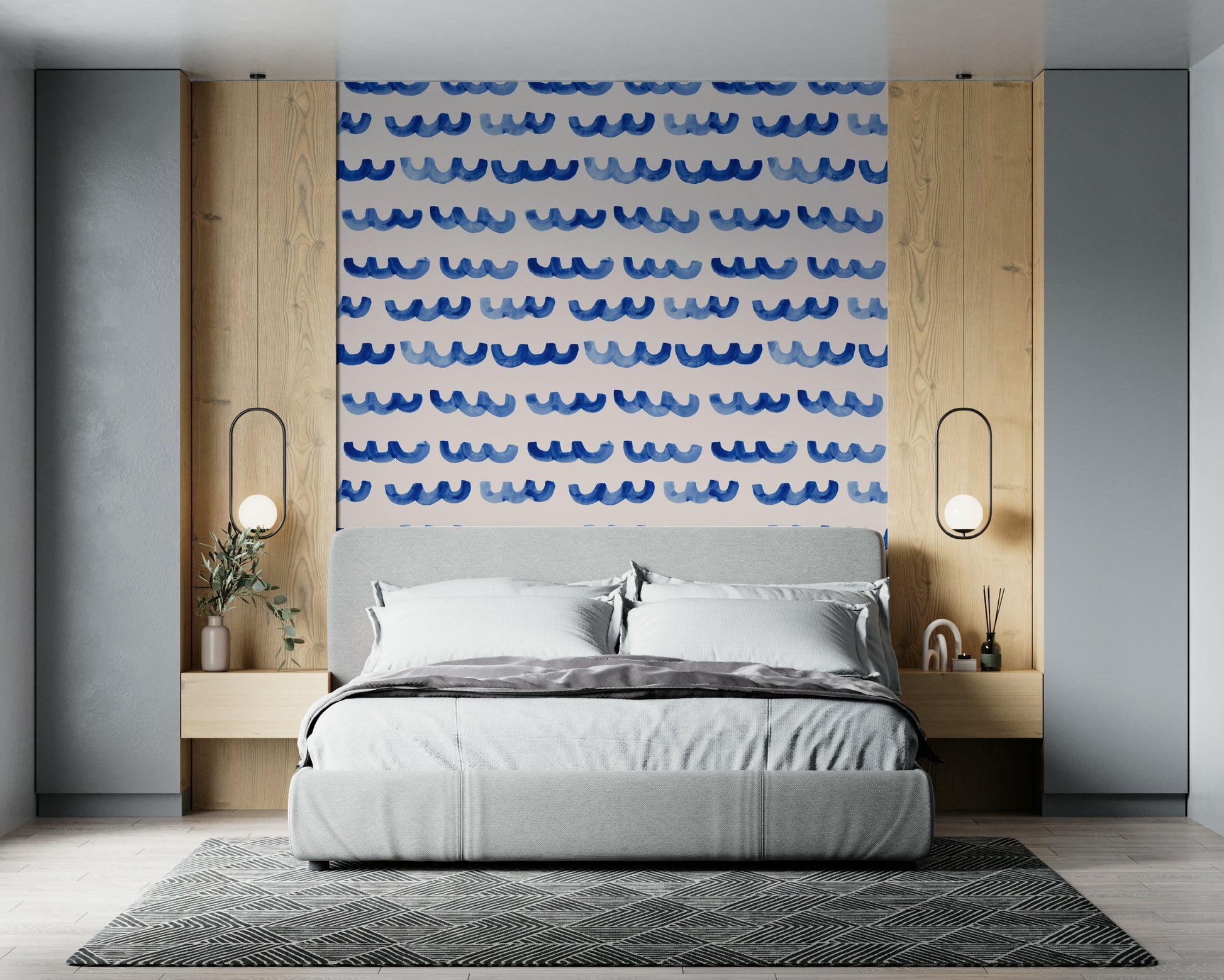 Indigo watercolor waves wallpaper featuring soft, flowing brushstroke waves.