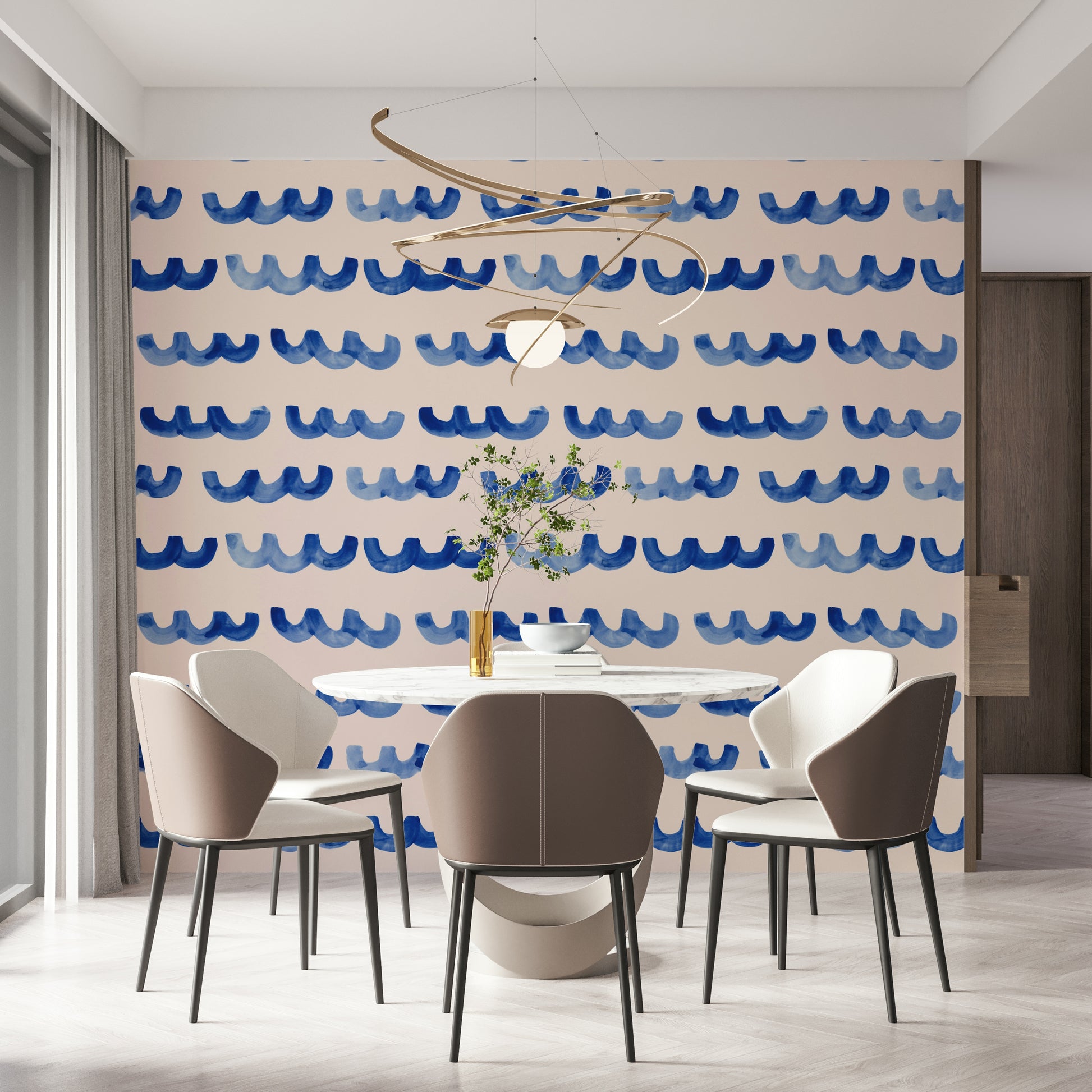 Watercolor wave mural in deep indigo tones creating a calm, ocean-inspired look.
