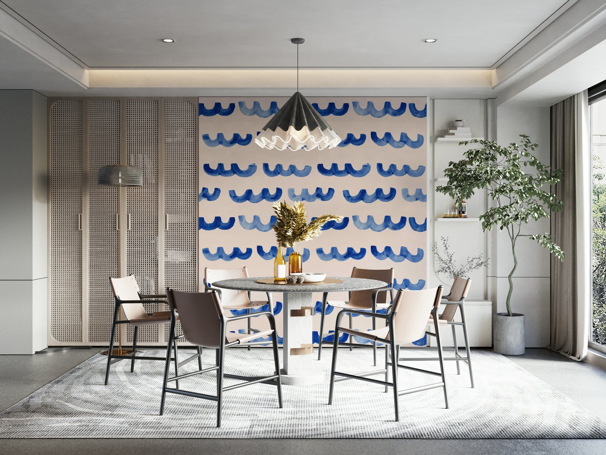Indigo watercolor wall mural featuring sweeping, rhythmic wave forms.