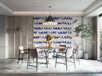 Indigo watercolor wall mural featuring sweeping, rhythmic wave forms.