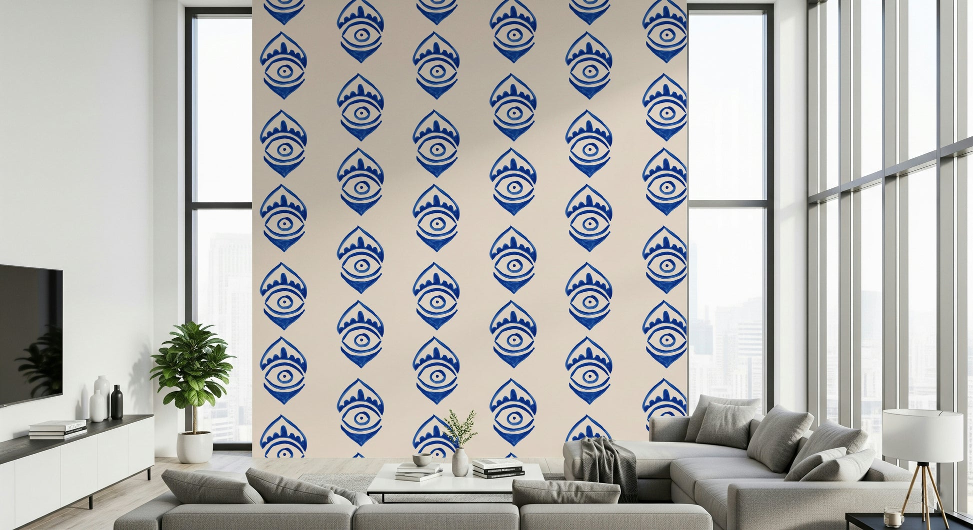 Abstract indigo eye motif wallpaper creating a striking geometric pattern.
