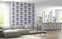 Symbolic eye motif wallpaper with rich indigo hues and clean lines.