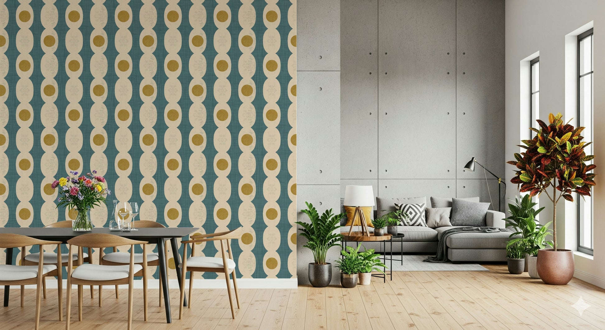 Stylized fusion of retro patterns creating a playful, energetic wall mural.