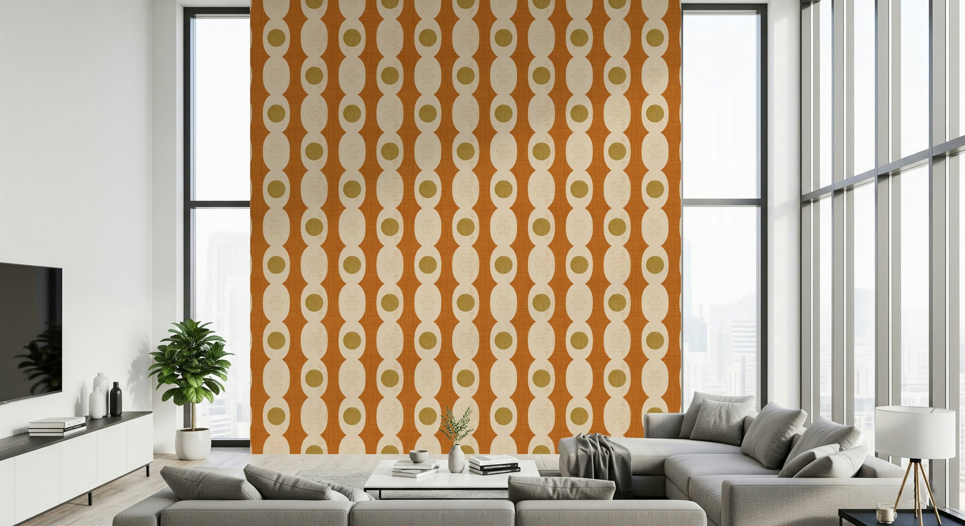 Mid-century modern motif wallpaper featuring clean lines and retro geometric shapes.