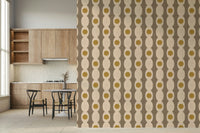 Retro abstract wallpaper with Atomic Age lines and organic beige shapes.
