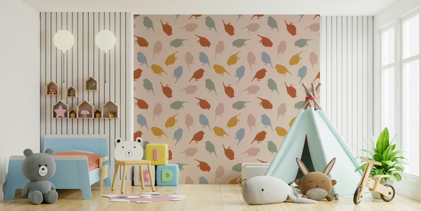 Nature-themed wallpaper with charming birds and subtle botanical elements.