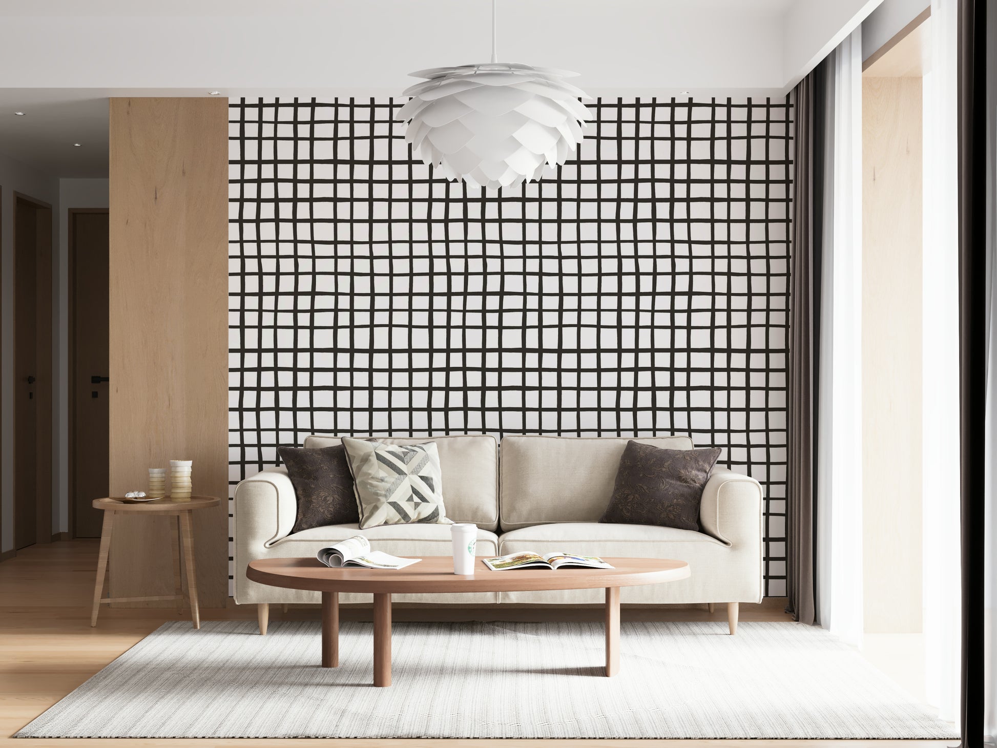 Earthy rustic grid line mural giving walls a warm, organic aesthetic.