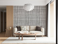 Earthy rustic grid line mural giving walls a warm, organic aesthetic.