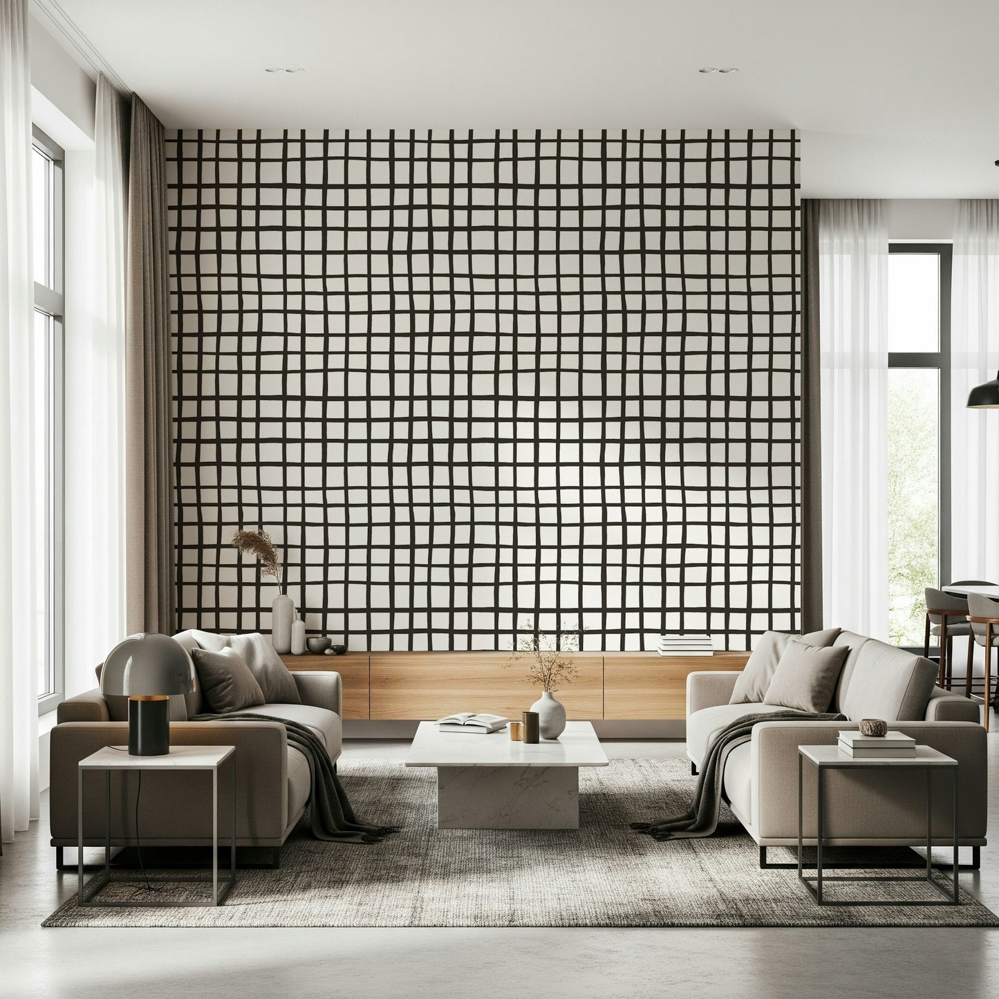 Hand-drawn rustic grid lines mural with subtle texture and earthy hues.