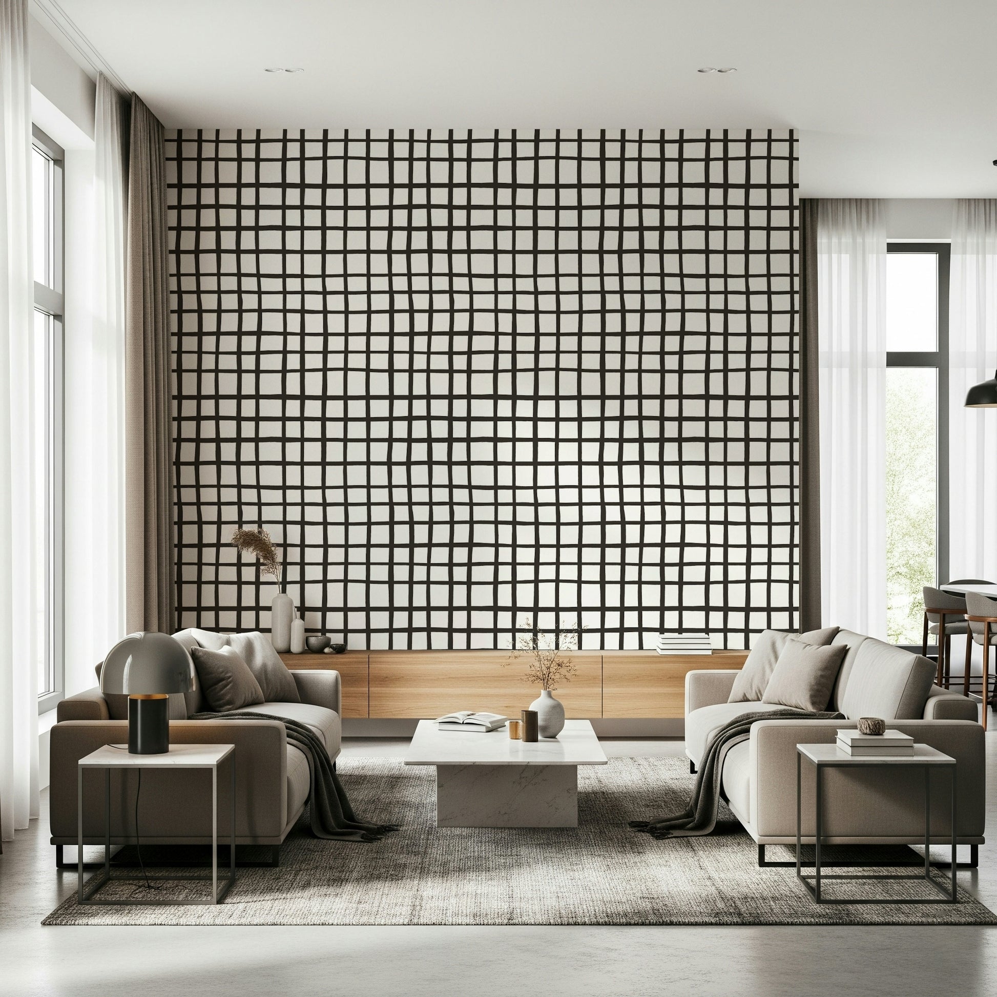 Hand-drawn rustic grid lines mural with subtle texture and earthy hues.