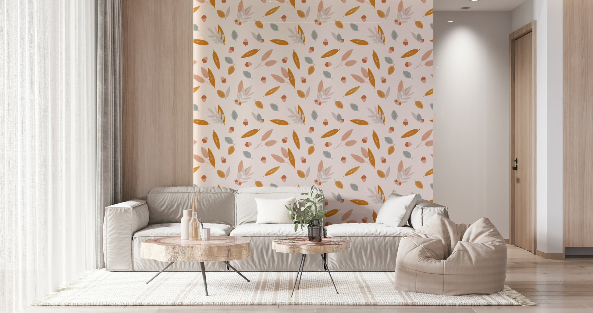 A soft autumn-inspired wallpaper featuring scattered acorns and delicate leaves in warm pastel tones.