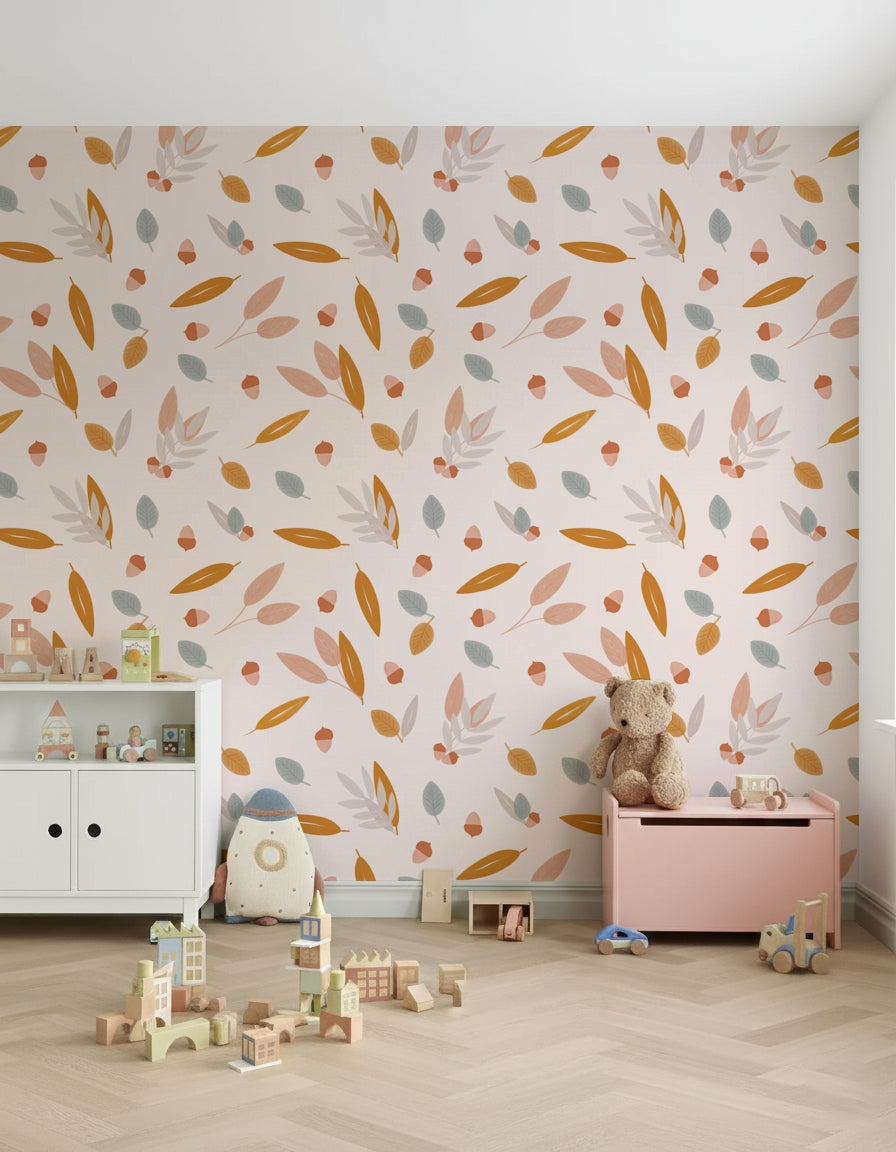 A charming wallpaper decorated with softly illustrated acorns and scattered foliage.