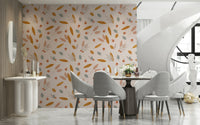 A whimsical fall wallpaper patterned with tiny acorns and airy leaves for a soft natural look.