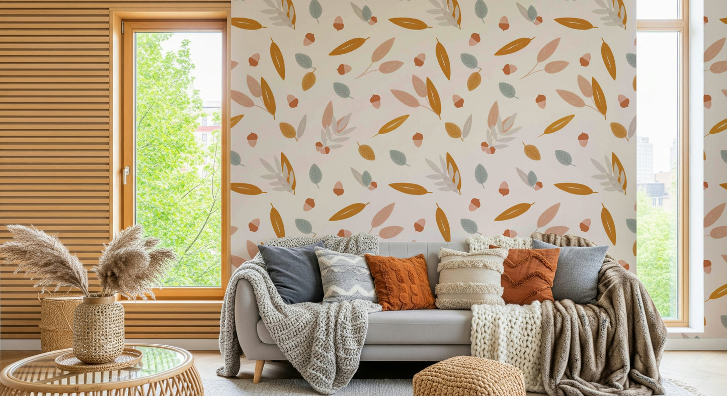 A nature-themed wallpaper with hand-drawn acorns and leaves in muted fall shades.