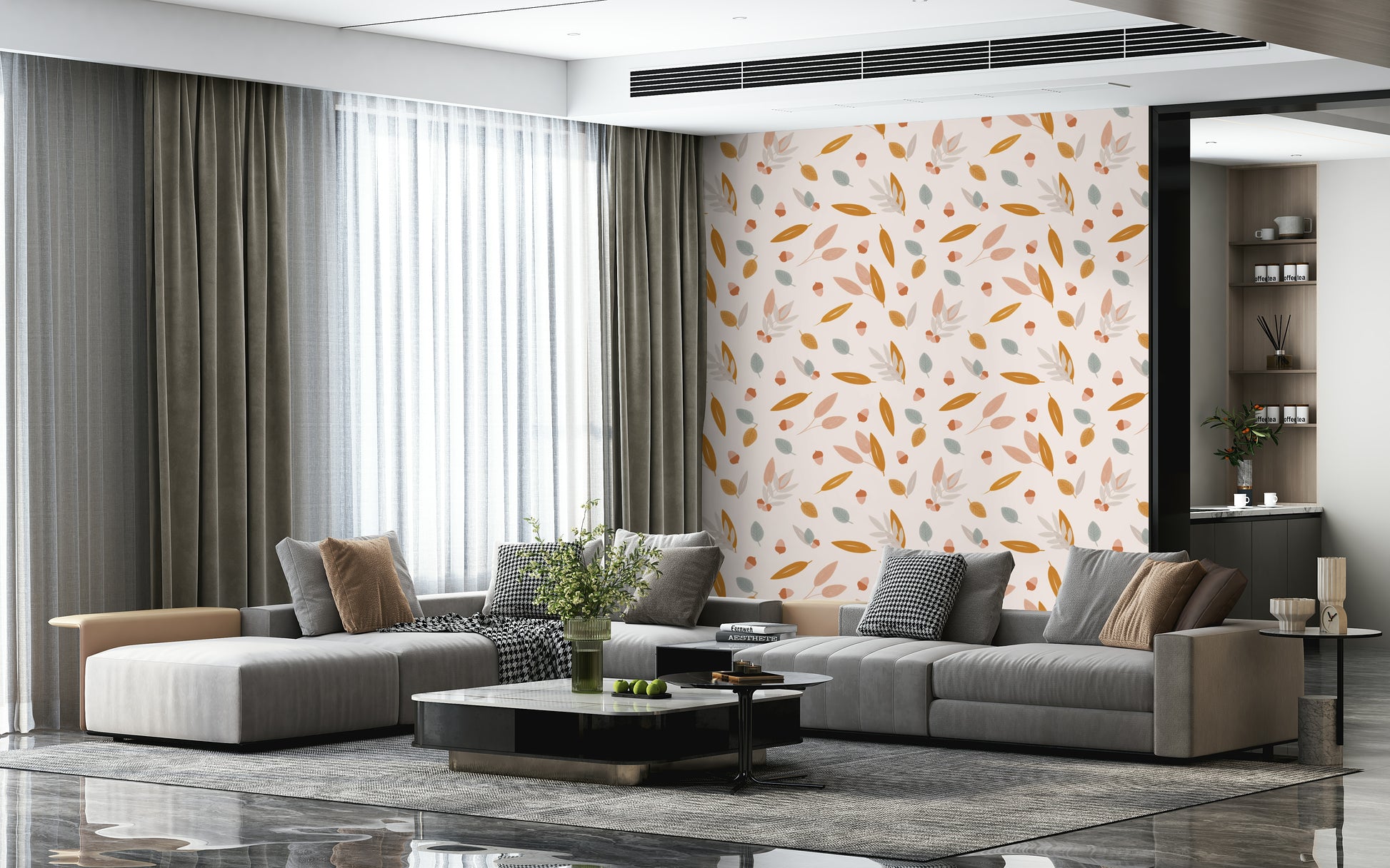 Whimsical acorns and leafy branches arranged in a gentle repeating pattern on this cozy wallpaper.