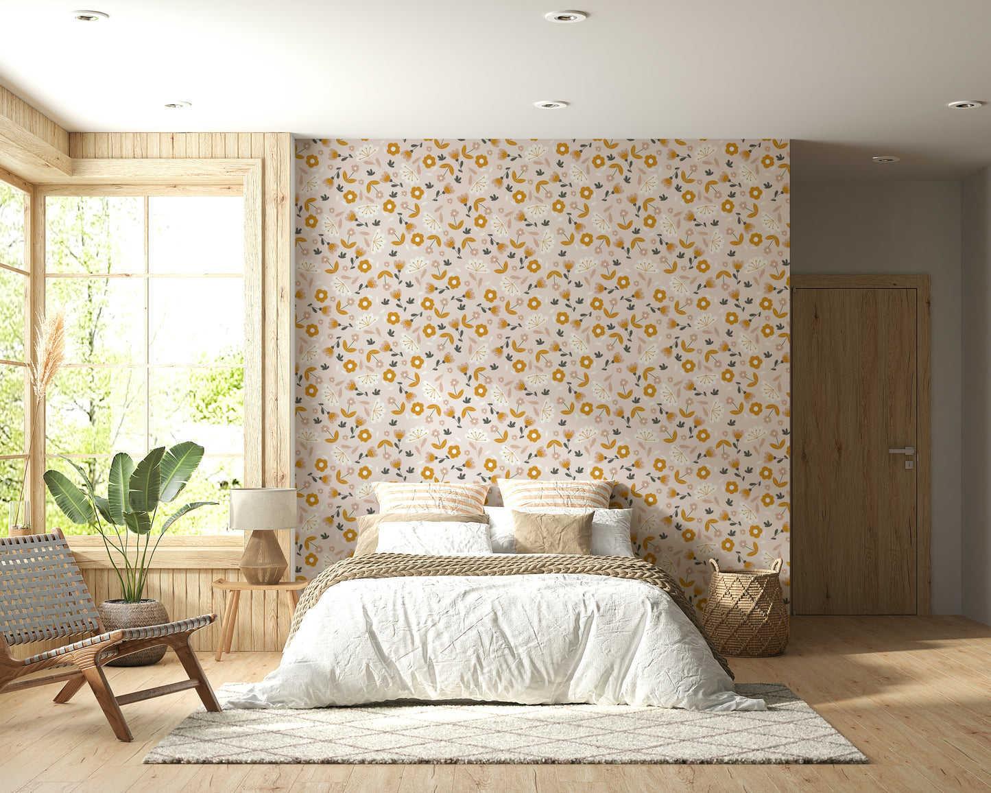 Sunny yellow florals arranged loosely across a pale backdrop in this cheerful wallpaper.