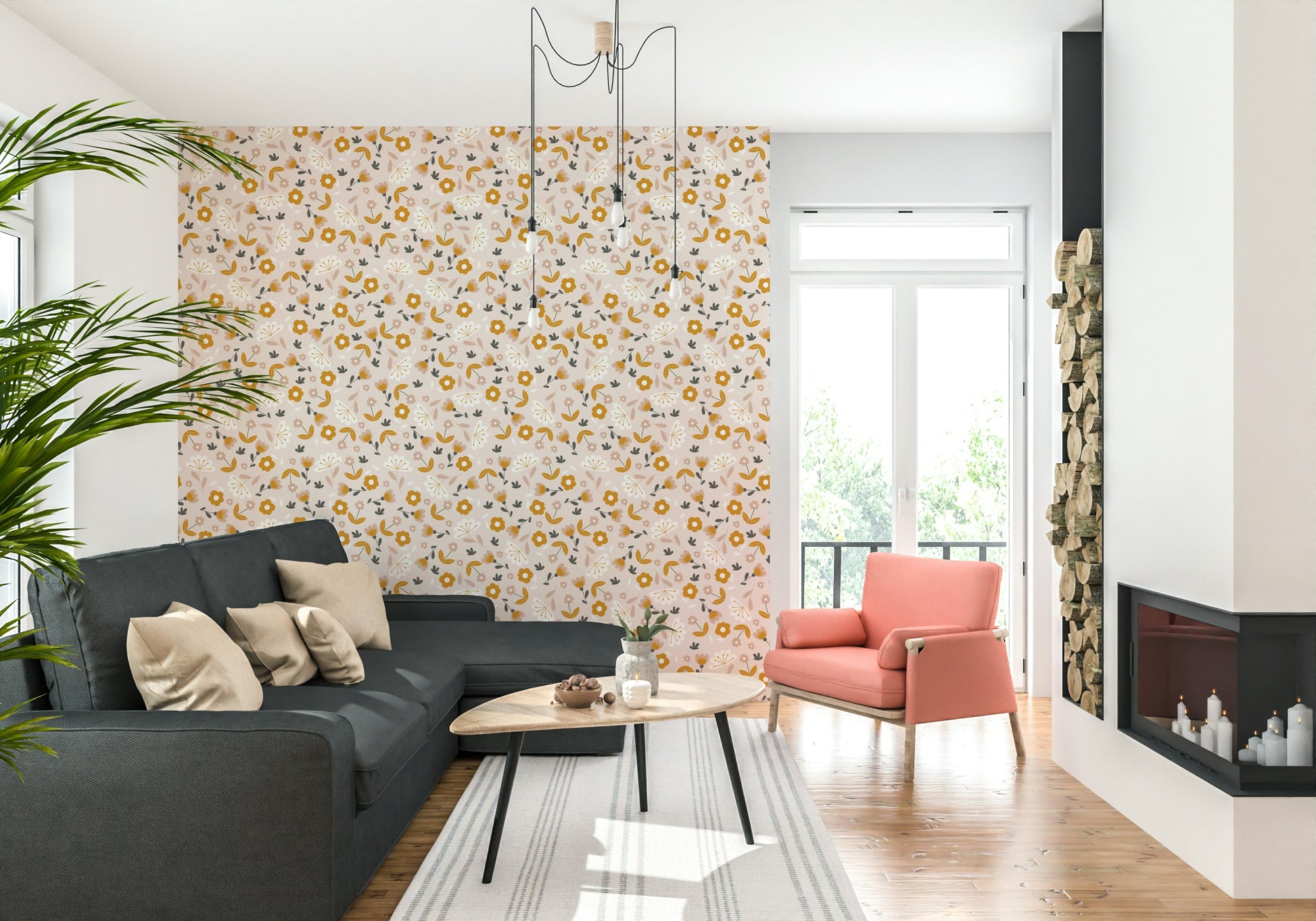 Warm mustard flowers dotting a neutral background to create a simple, joyful wallpaper pattern.