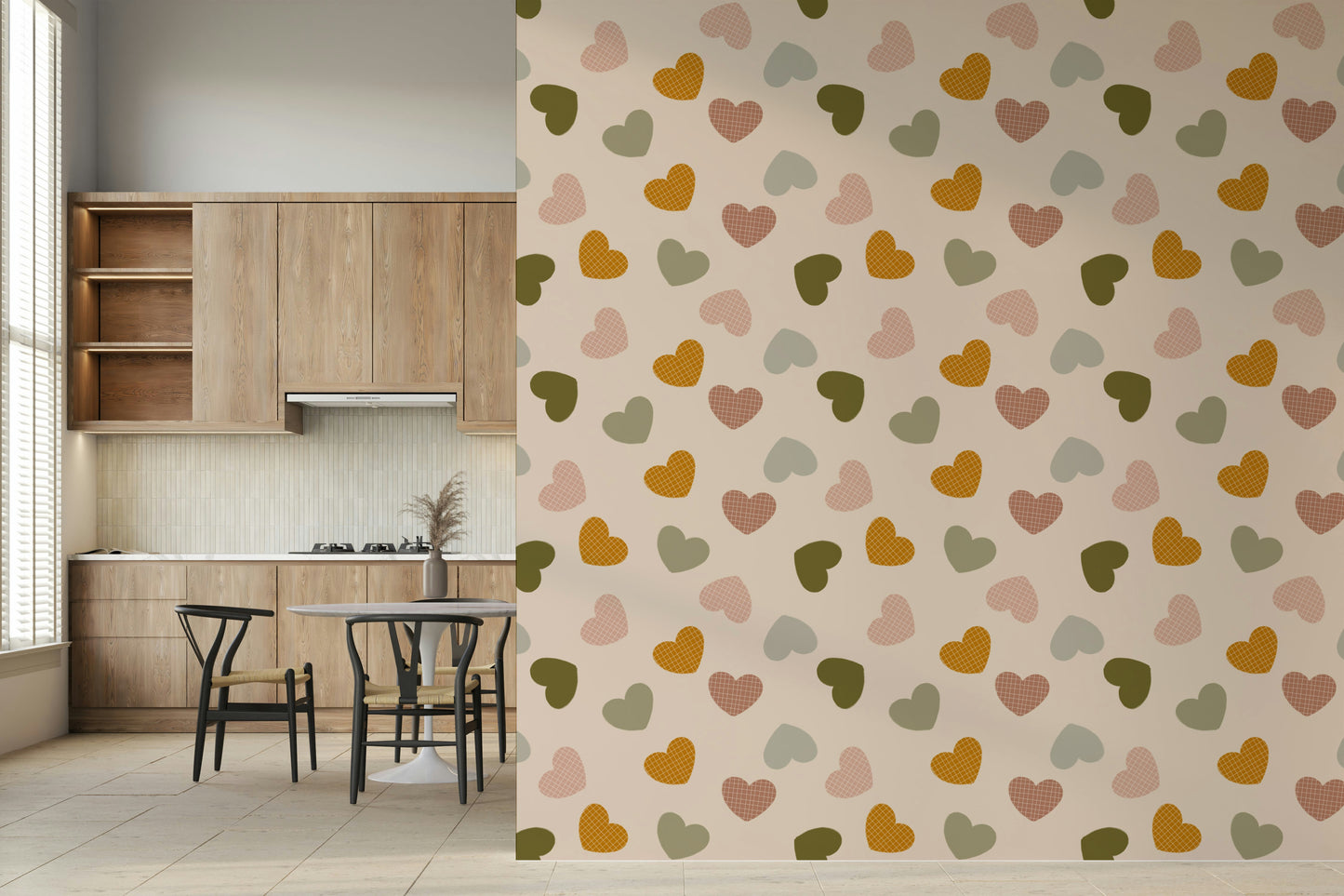 Earthy-toned hearts arranged in a whimsical scattered layout across the Heartfelt Harmony wallpaper.