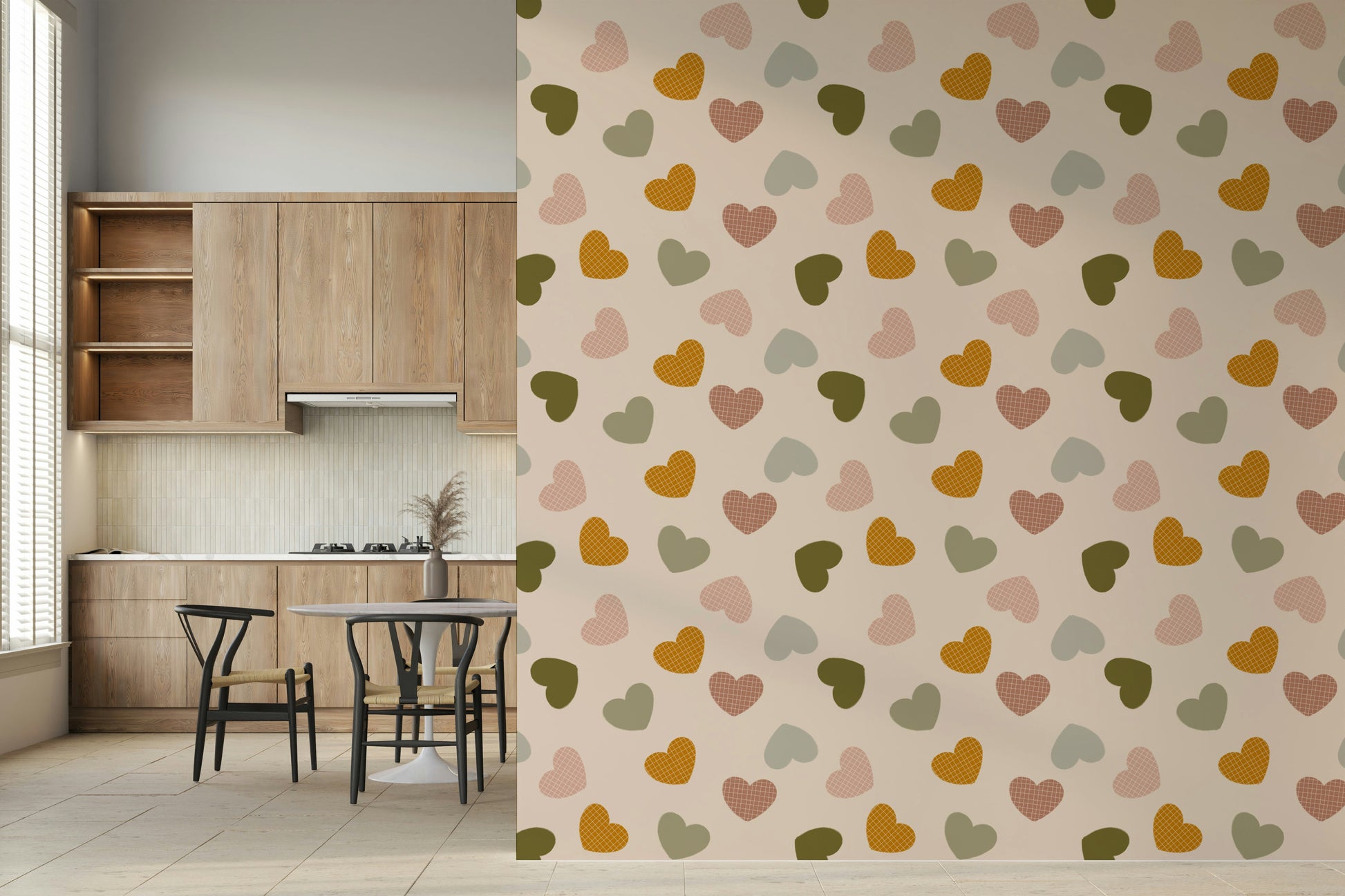 Earthy-toned hearts arranged in a whimsical scattered layout across the Heartfelt Harmony wallpaper.