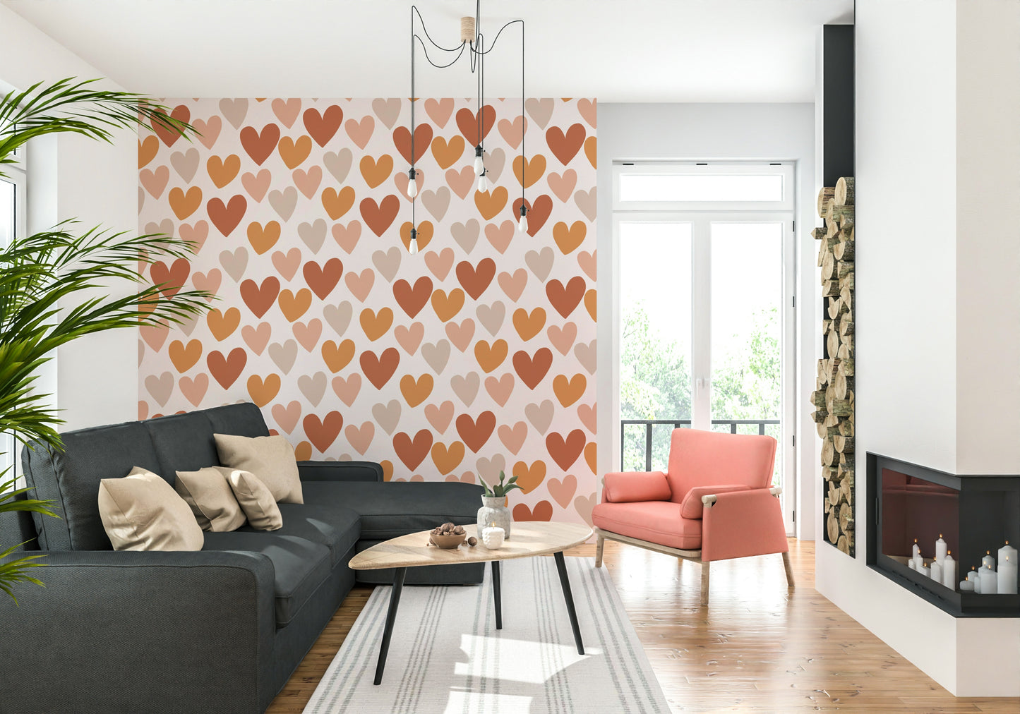 A warm-tone wallpaper with rows of hearts in clay, caramel, and blush shades.