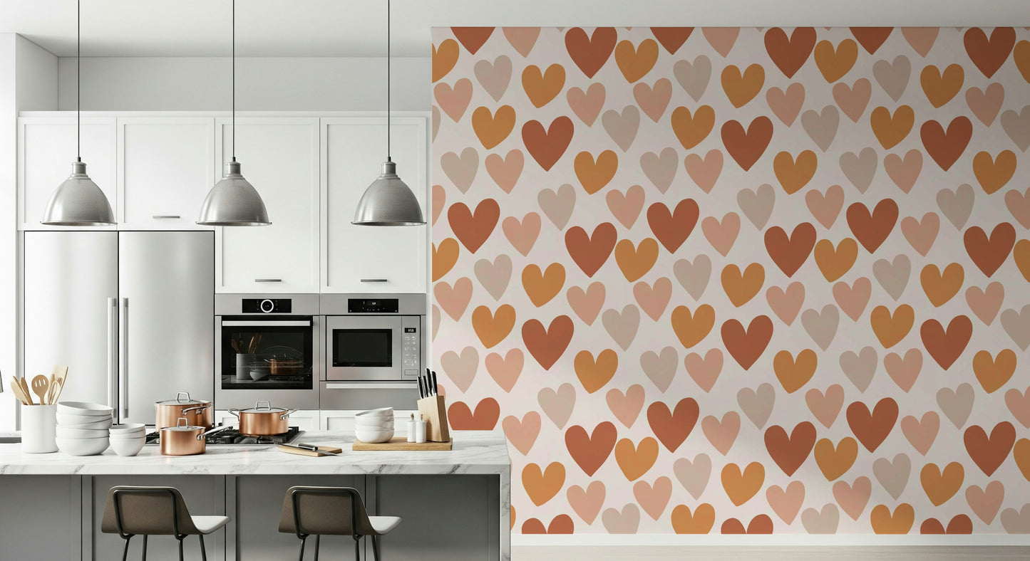Repeating organic heart shapes in soft earthy colors create a gentle, modern wallpaper.