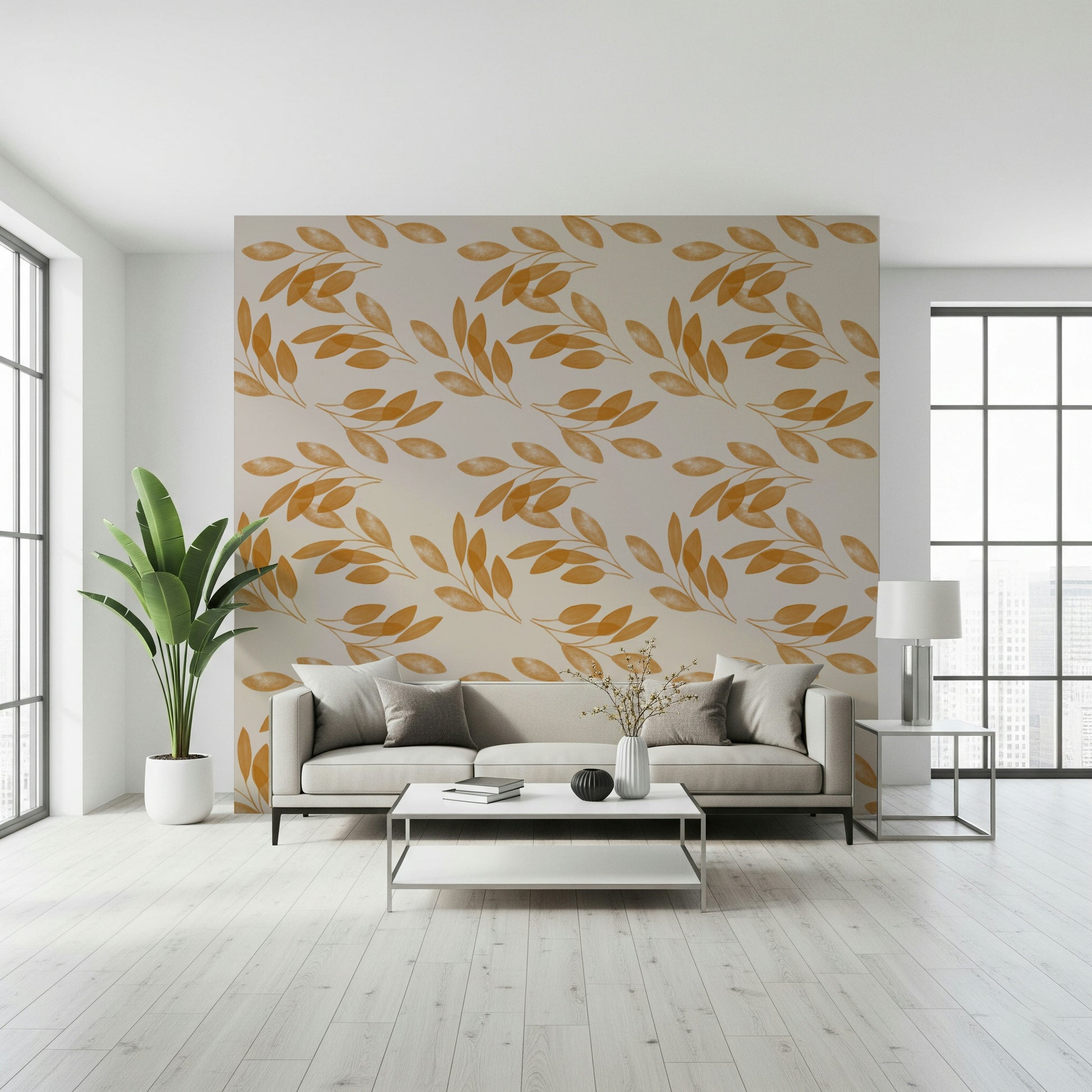 A minimalist leaf wallpaper with warm golden tones forming a subtle organic pattern.