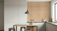 Beige and brown gingham checks forming a charming, country-style wallpaper pattern.