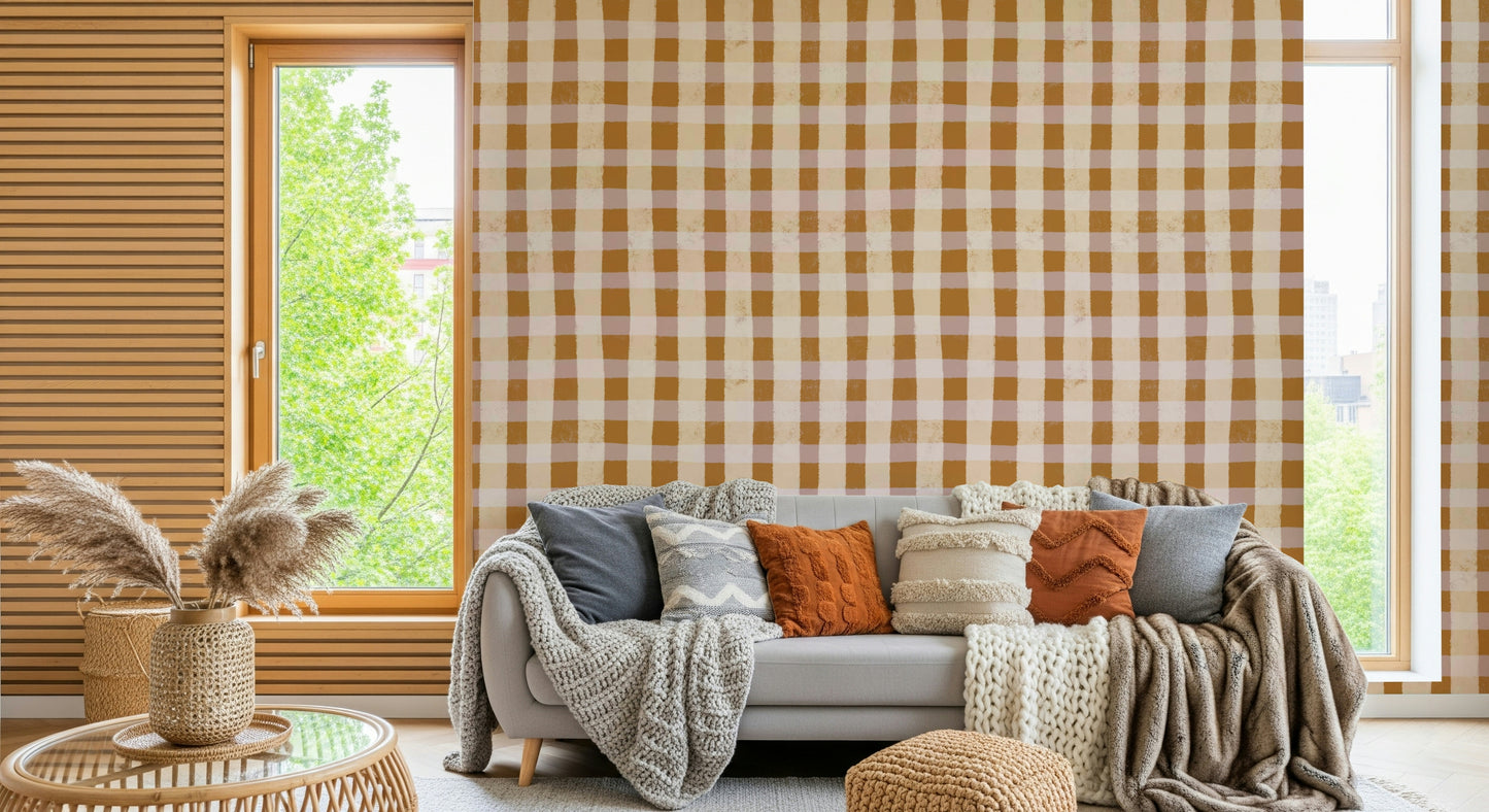 A warm rustic wallpaper showcasing a hand-drawn gingham grid in earthy brown shades.