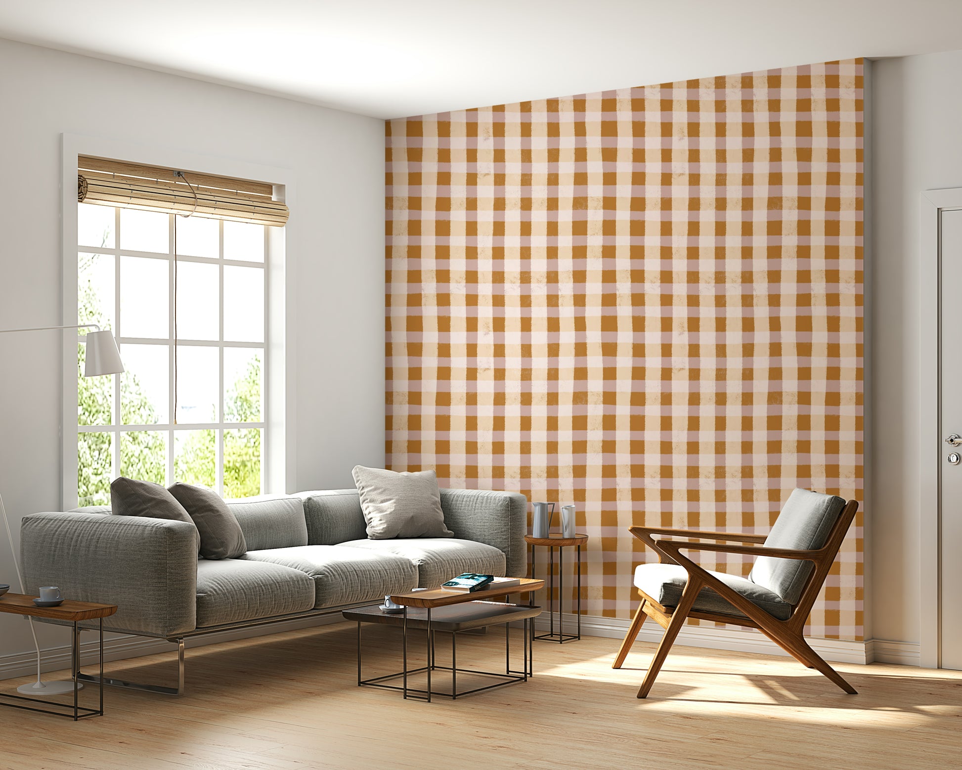 A warm-toned wallpaper featuring rustic gingham checks that evoke a homely, country vibe.