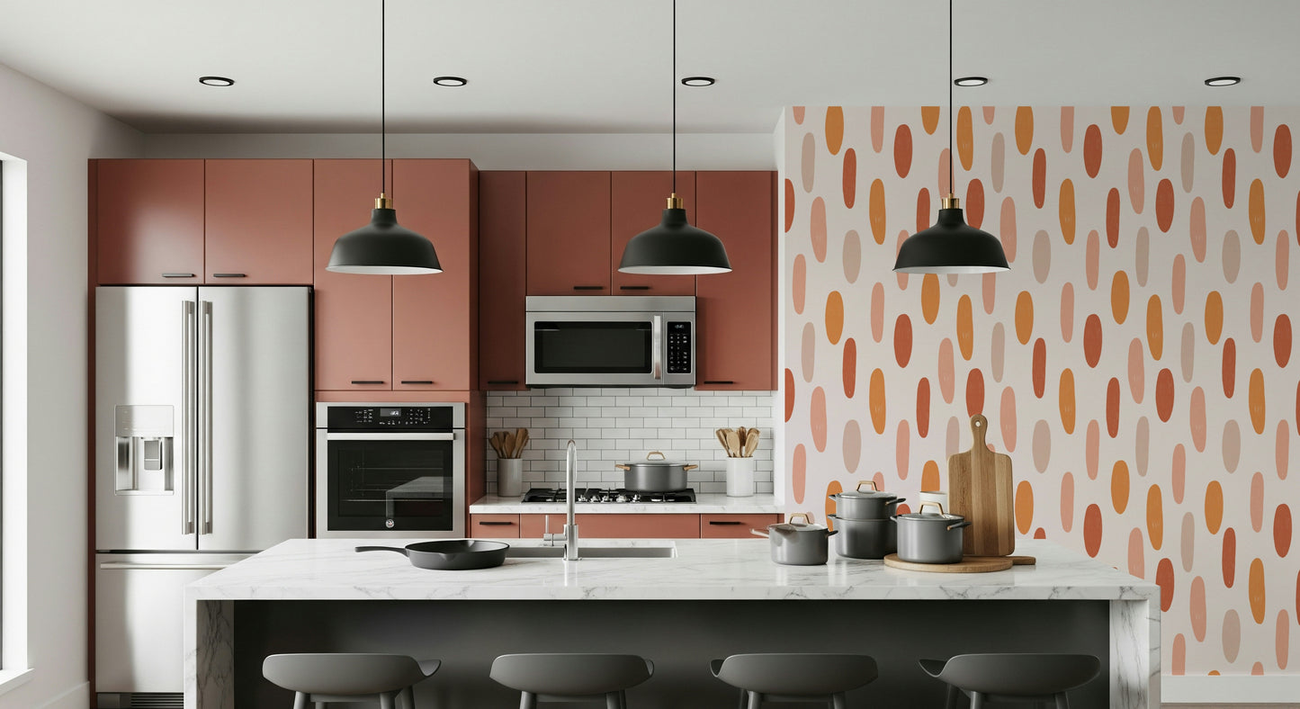 Soft organic ovals in terracotta colors arranged across a warm contemporary wallpaper.