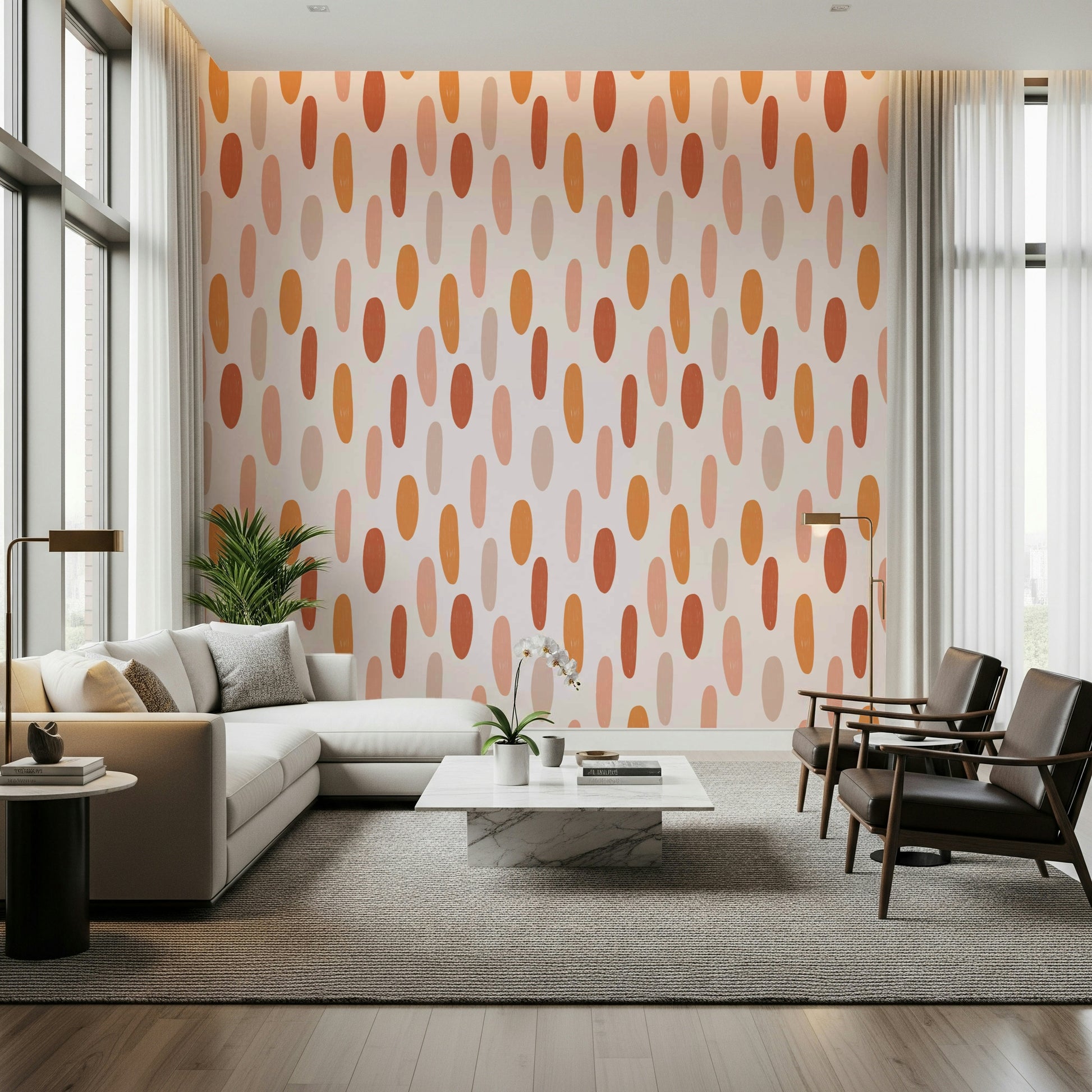 Warm terracotta and peach shapes creating a simple yet stylish patterned wallpaper.