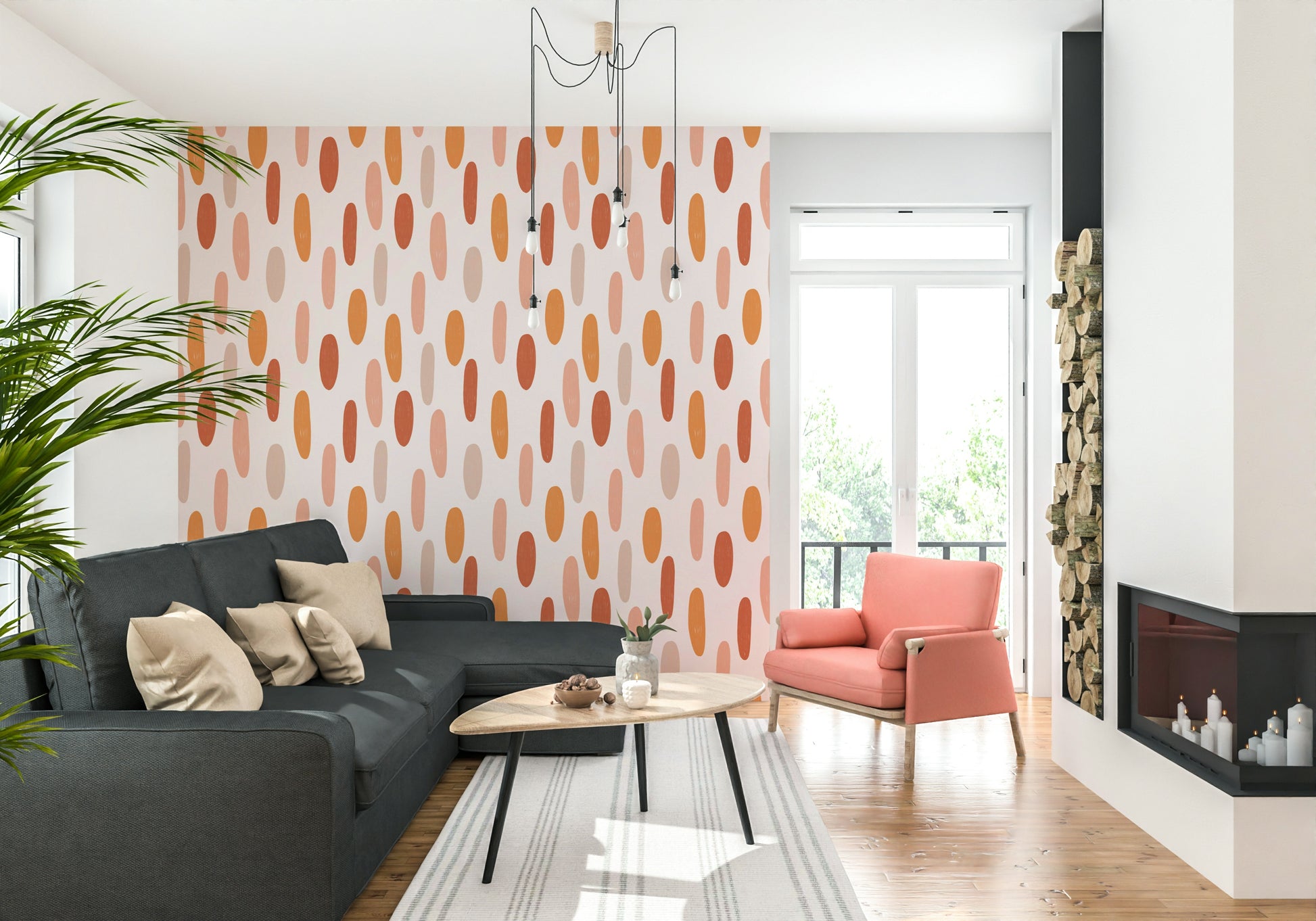 A warm-toned wallpaper with simple terracotta and blush oval patterns for a cozy boho look.