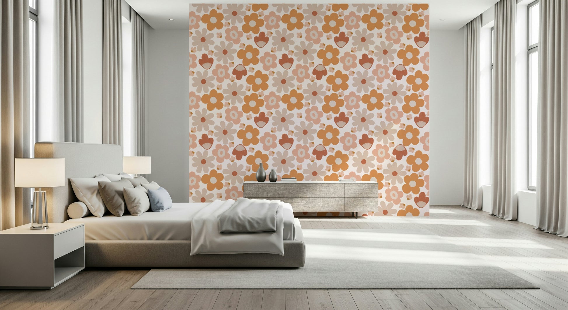 A calming boho wallpaper filled with stylized flowers in muted terracotta and creamy peach hues.