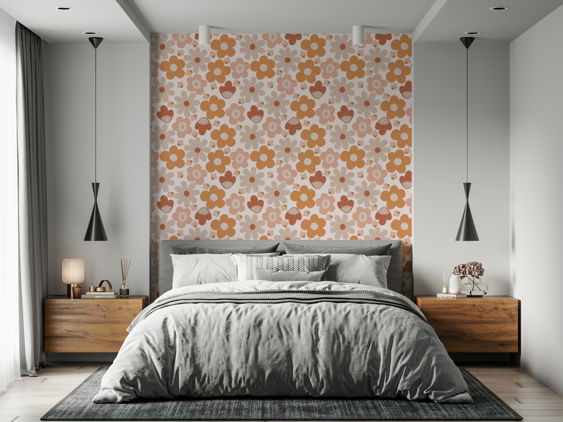 Repeating bohemian flower motifs forming a soft retro wallpaper pattern in warm neutrals.
