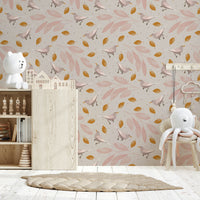 A gentle wallpaper design with warm golden leaves and pastel birds for a relaxed natural feel.