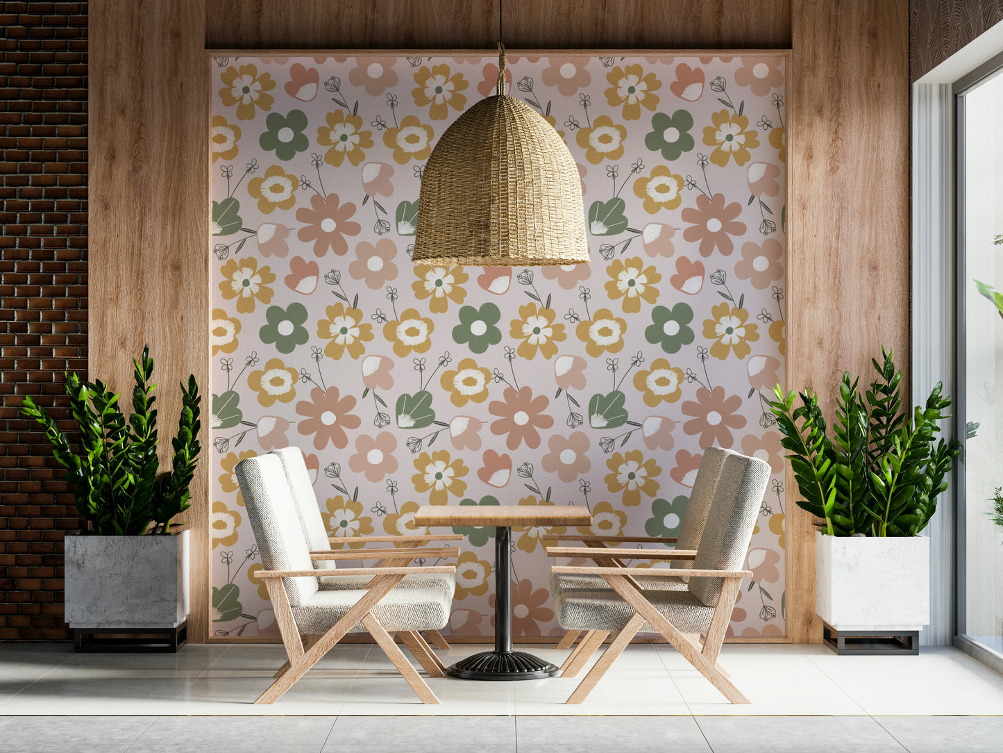 A boho-inspired wallpaper with oversized daisy shapes in earthy pink, yellow, and sage hues.