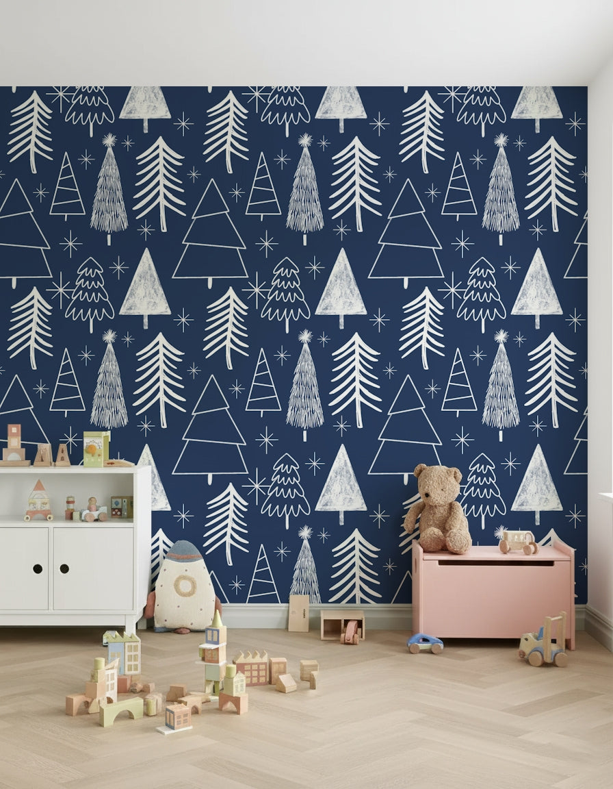 Navy blue wallpaper decorated with outlined winter trees and sparkling star shapes.