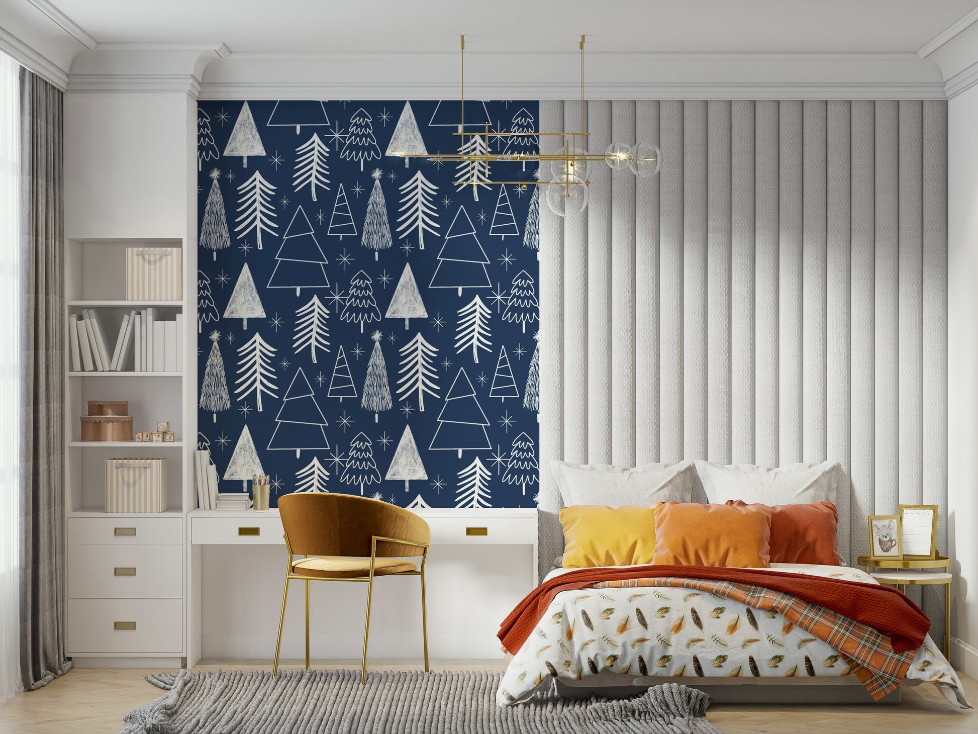 A modern winter wallpaper design combining sketched evergreen trees with starbursts.