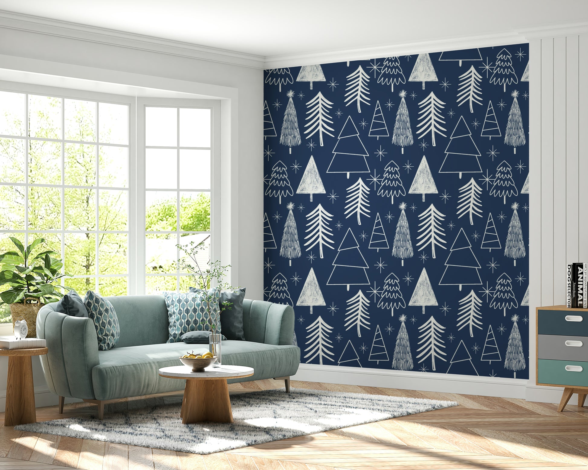 Hand-drawn Christmas tree motifs arranged in a repeating pattern on this winter wallpaper.