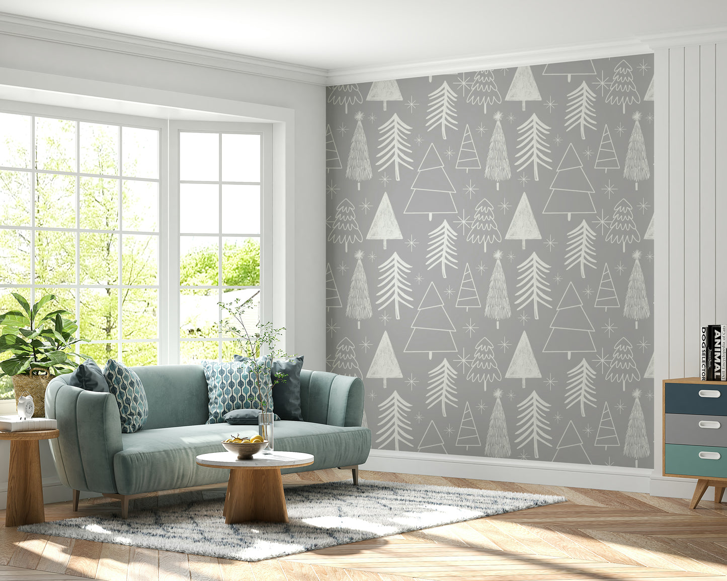 Delicate winter tree outlines in white creating a soothing festive wallpaper look.