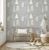 A peaceful wallpaper showing hand-drawn pine trees and star accents on a muted gray backdrop.