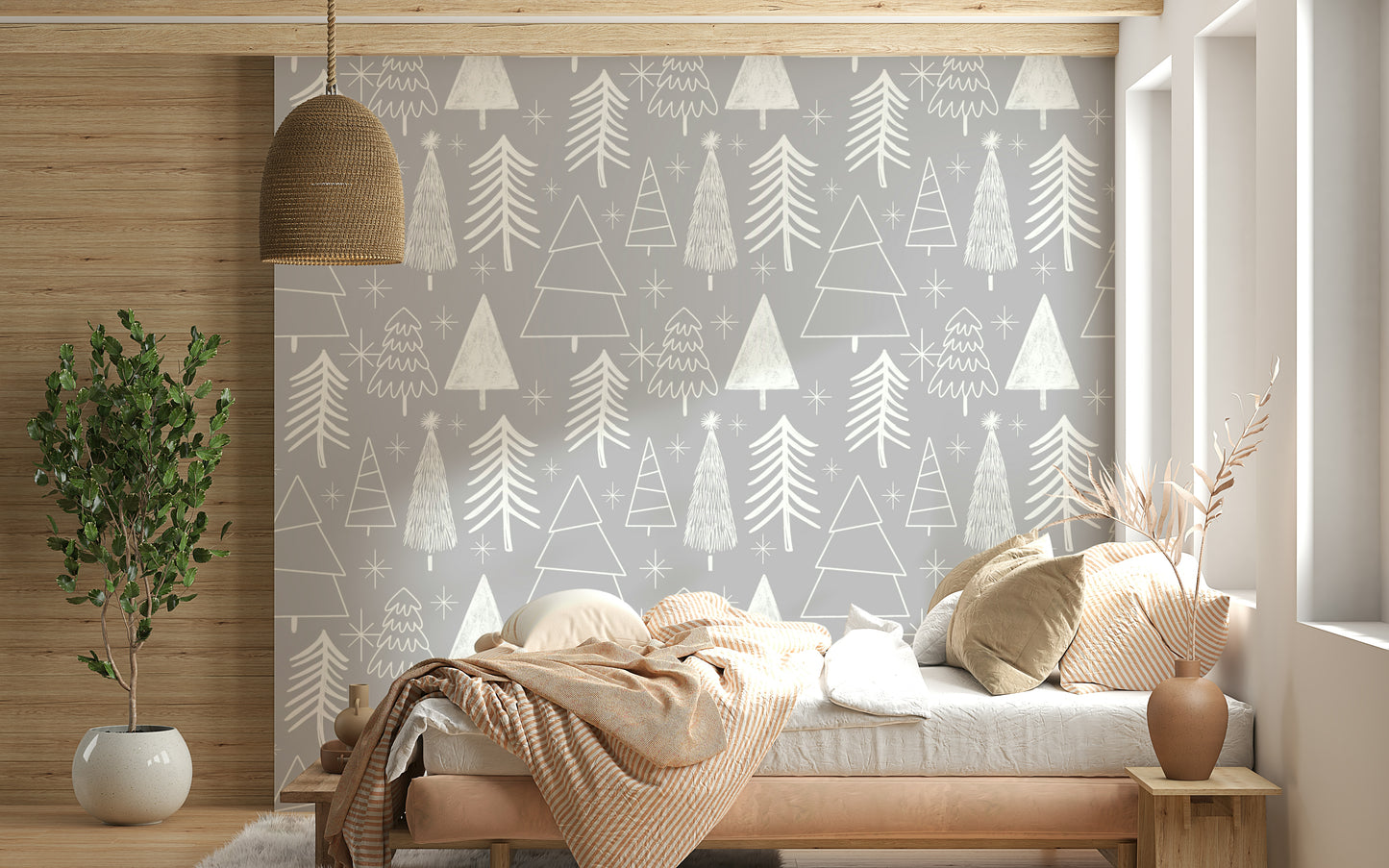 A minimalist holiday wallpaper with whimsical white tree doodles on a cool gray background.