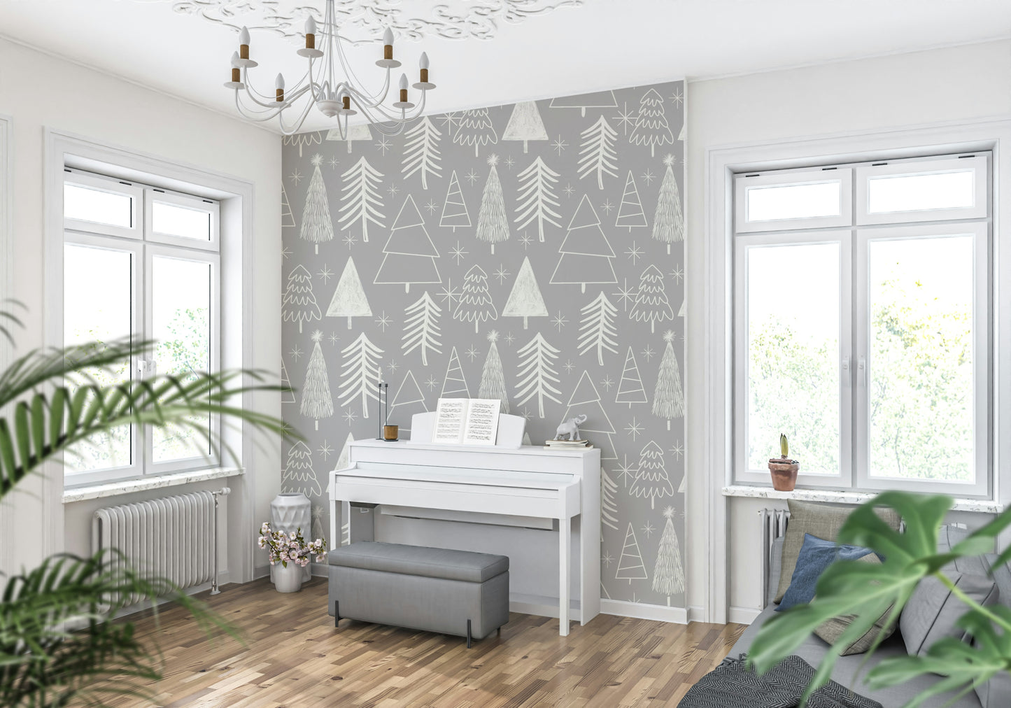 A soft winter wallpaper featuring hand-drawn white evergreen trees on a gentle gray background.