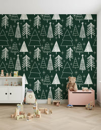A dark green holiday wallpaper decorated with white illustrated evergreens and twinkling stars.