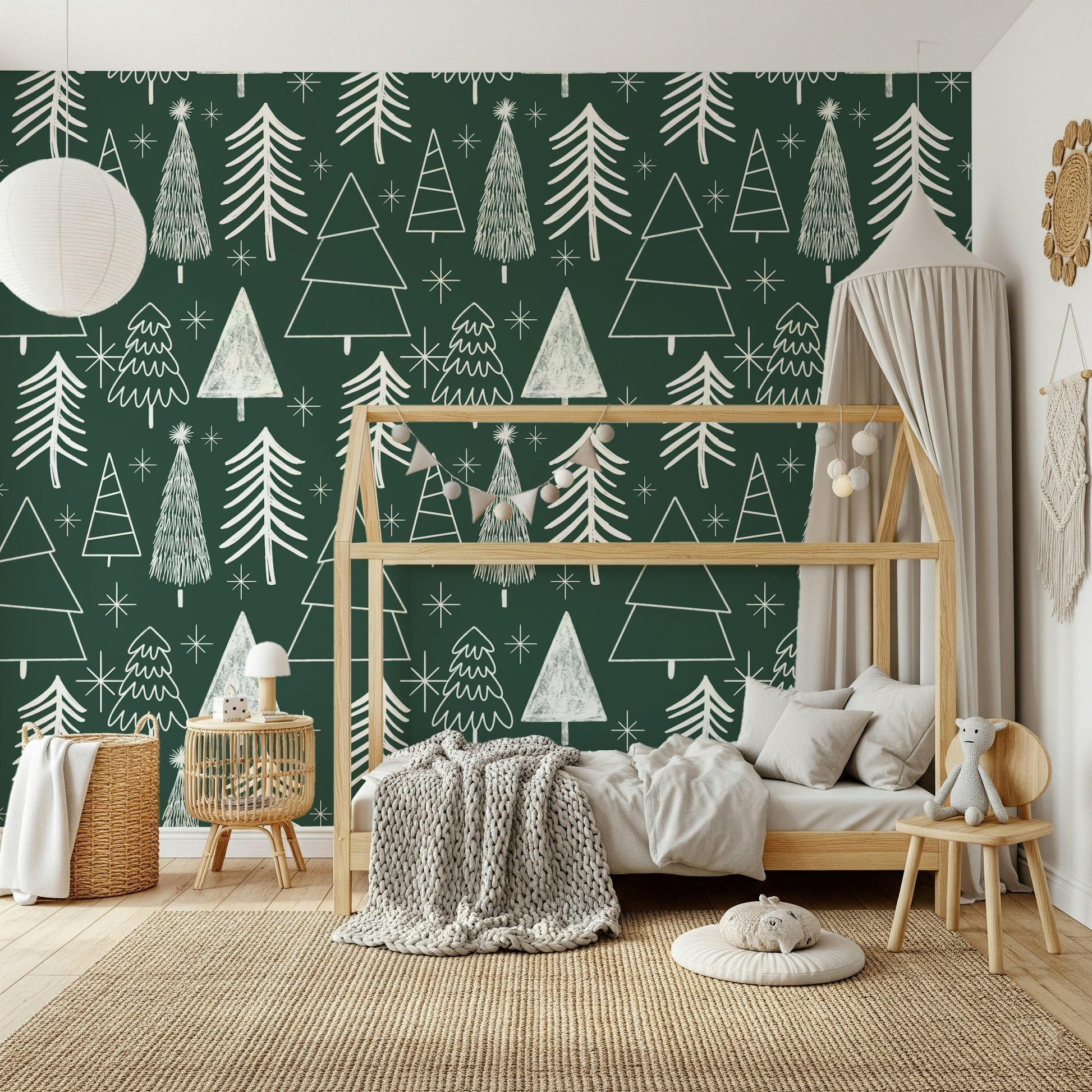 A whimsical wallpaper with sketched evergreen trees arranged across a deep green, star-studded backdrop.