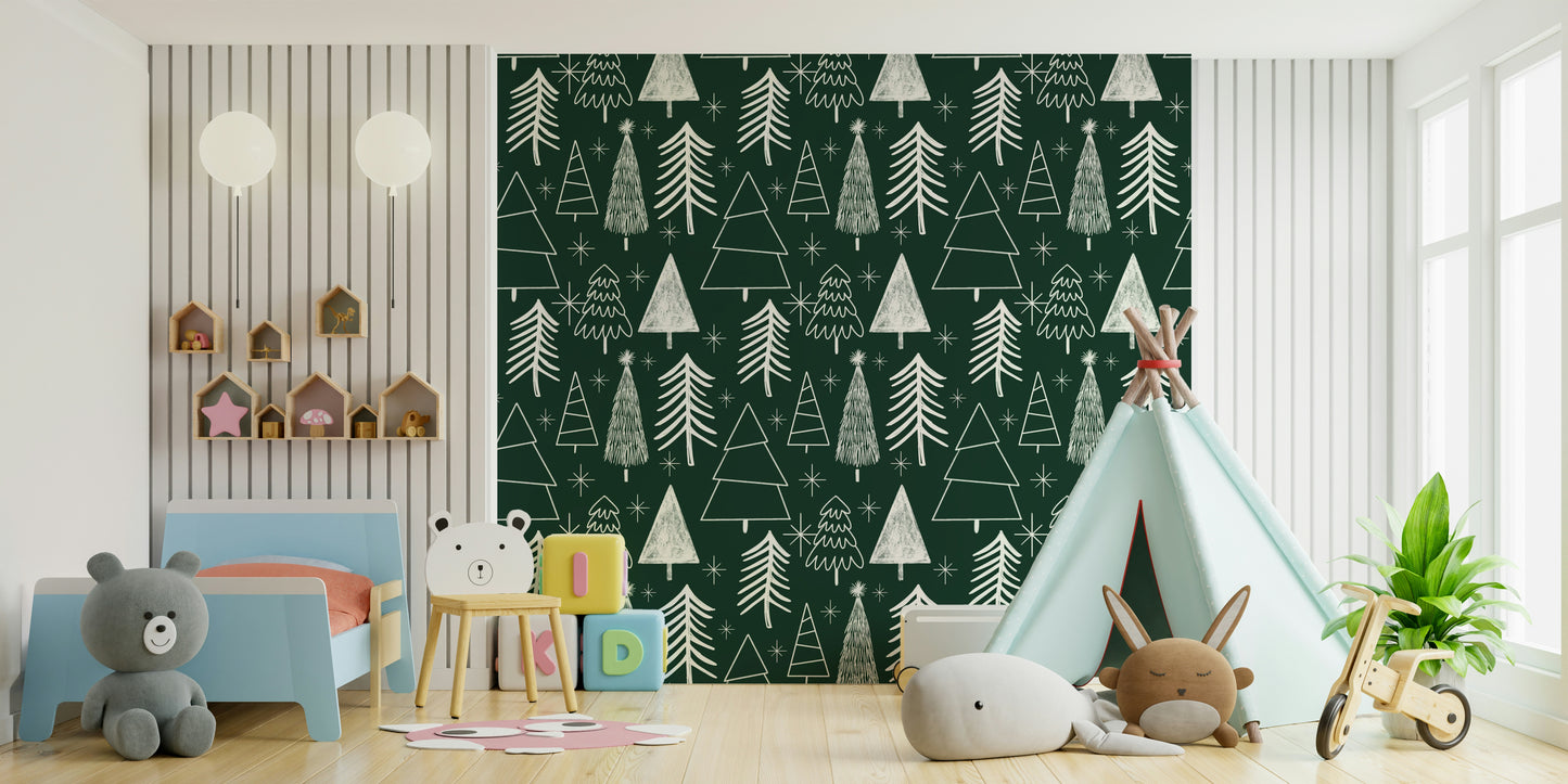 Holiday wallpaper with hand-rendered evergreen silhouettes and delicate star illustrations.