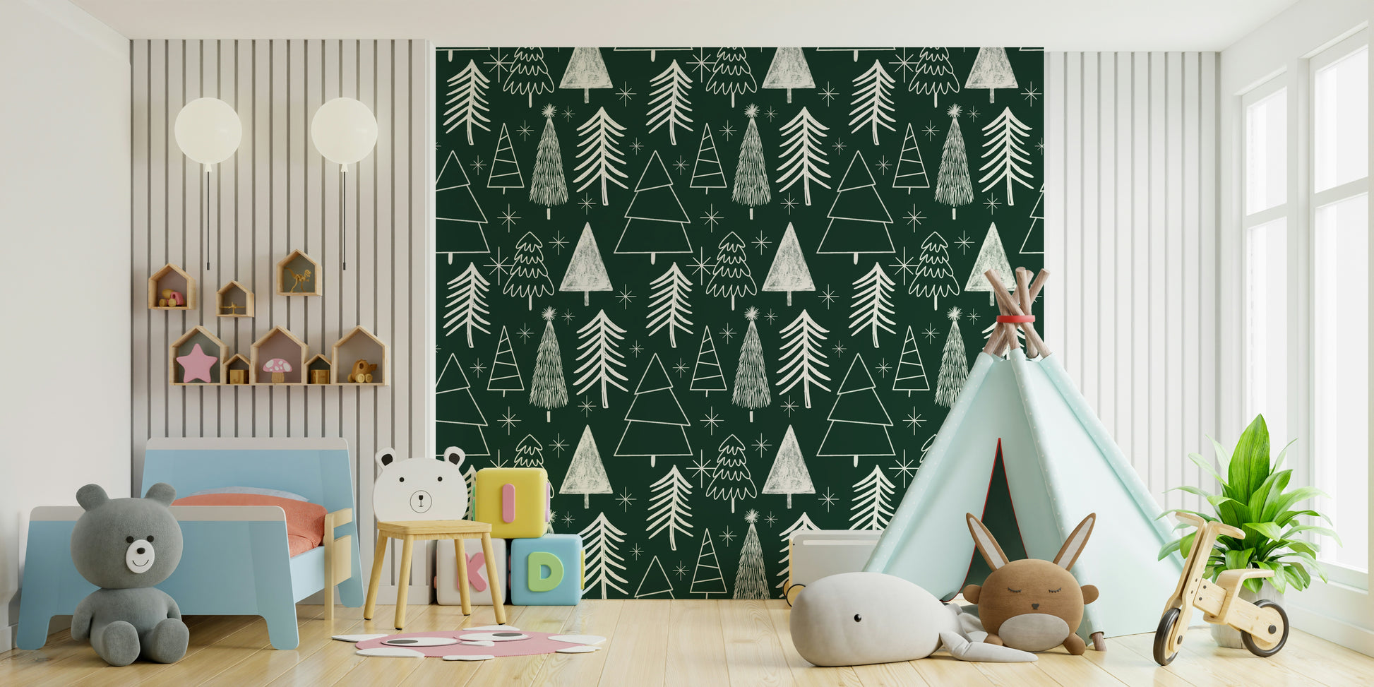 Holiday wallpaper with hand-rendered evergreen silhouettes and delicate star illustrations.