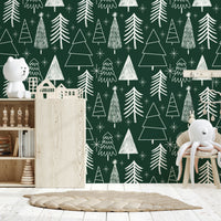 A cozy festive wallpaper filled with white line-art trees over a rich green background.