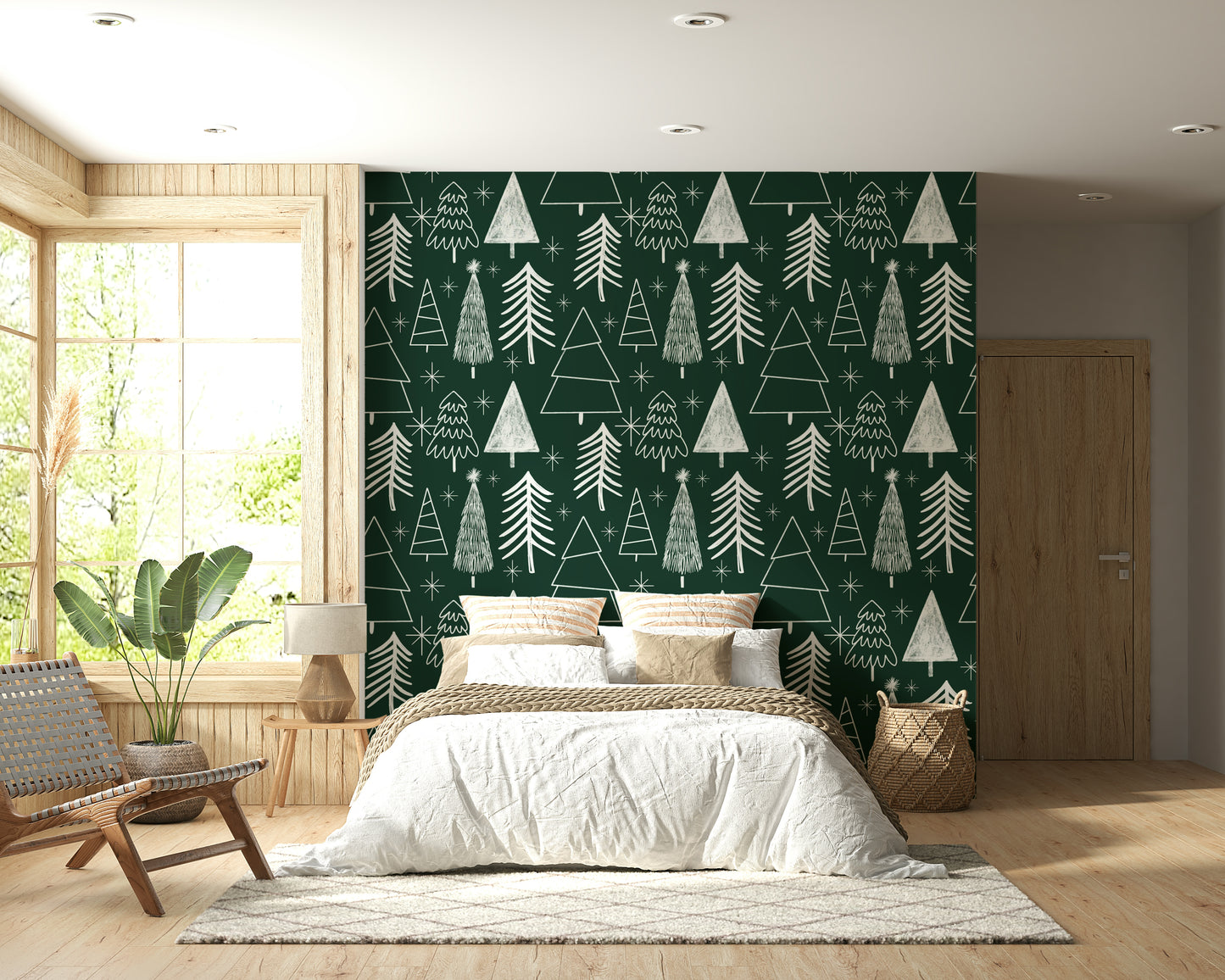 A charming winter wallpaper featuring simple sketched trees and bright star shapes.